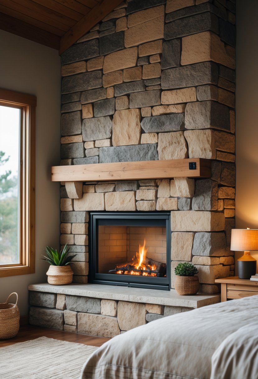 Stone Fireplace Bedroom Ideas: Stylish Designs for a Cozy Retreat 2 A bedroom with a stone fireplace, a bed, and soft natural lighting creating a warm and cozy atmosphere.