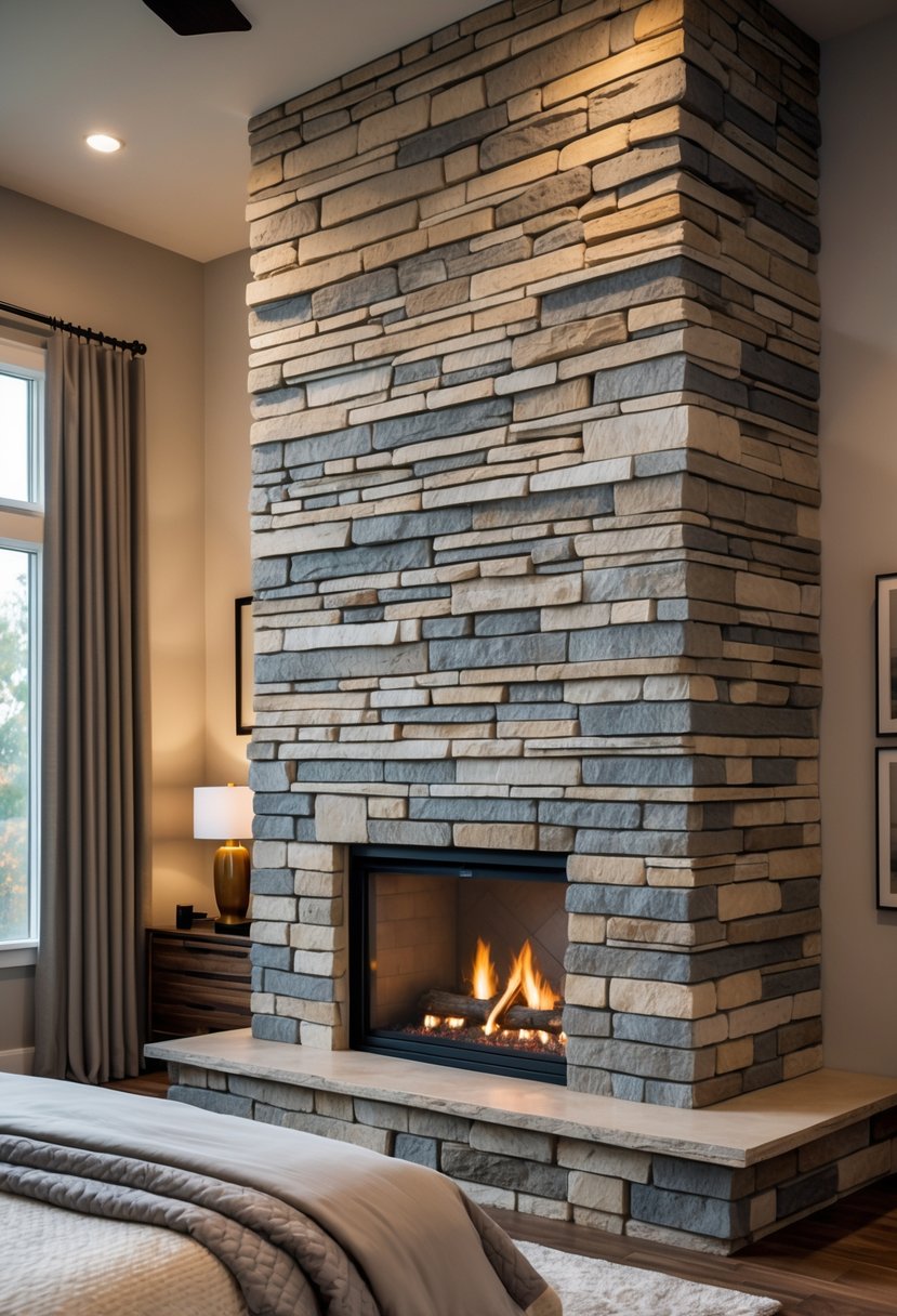 Stone Fireplace Bedroom Ideas: Stylish Designs for a Cozy Retreat 3 Bedroom with a tall stacked stone fireplace extending from floor to ceiling next to a bed.