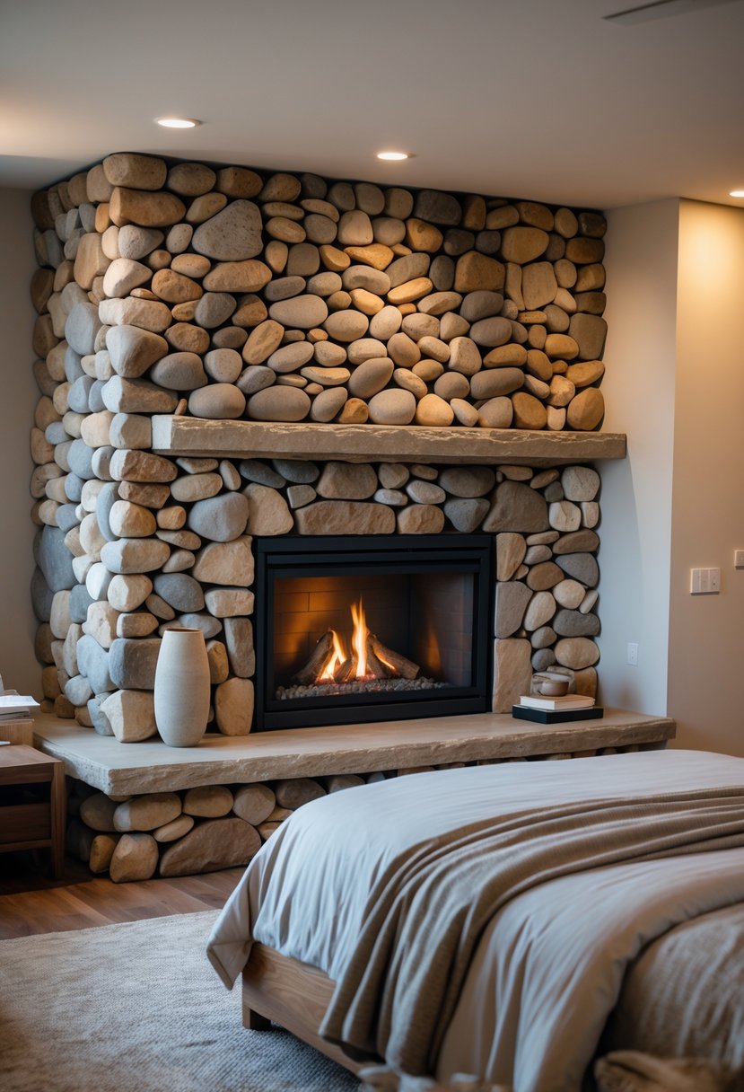 Stone Fireplace Bedroom Ideas: Stylish Designs for a Cozy Retreat 4 A bedroom with a stone fireplace surrounded by smooth river rocks and a neatly made bed.