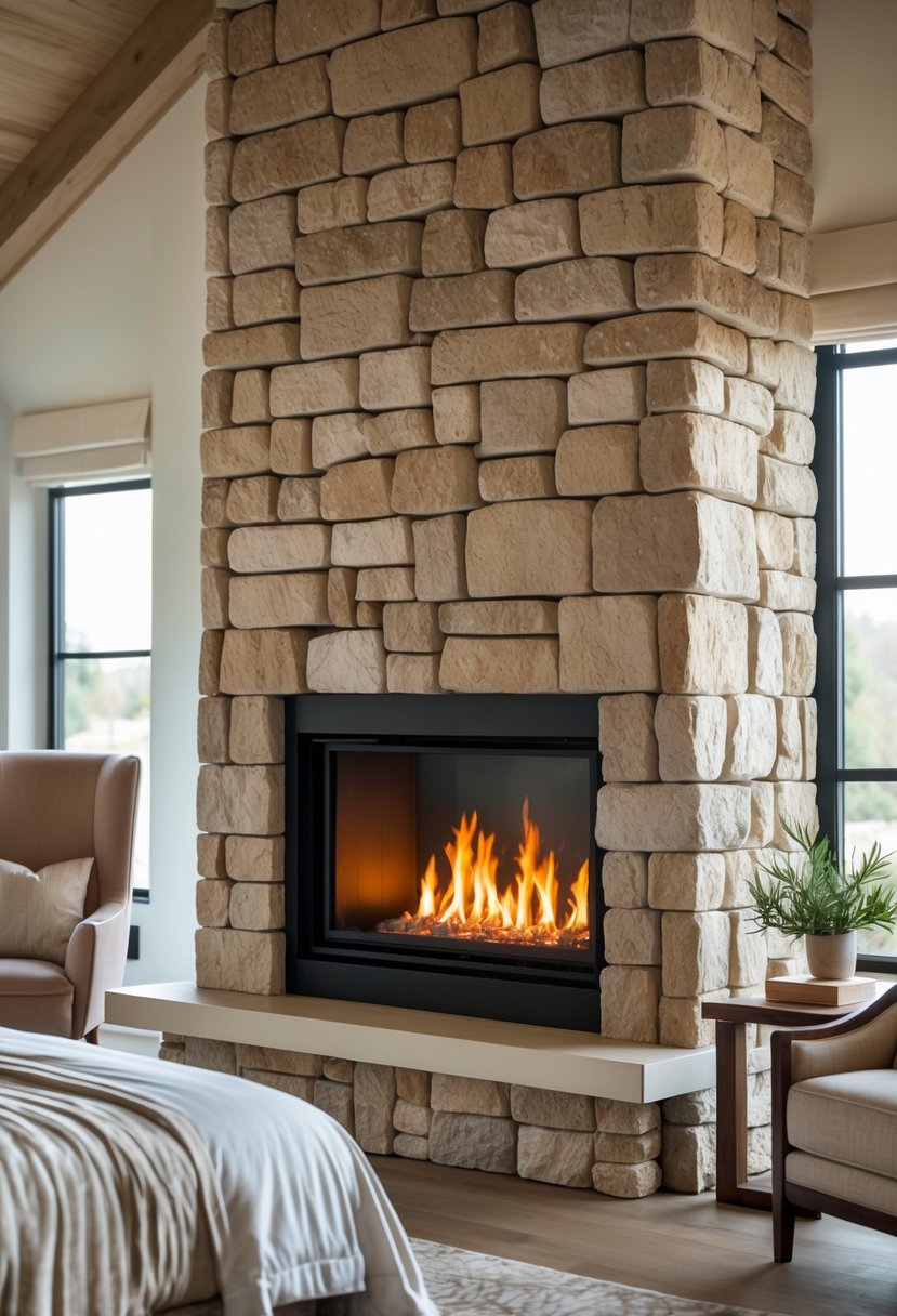 Stone Fireplace Bedroom Ideas: Stylish Designs for a Cozy Retreat 6 A bedroom and sitting area separated by a double-sided stone fireplace with a fire burning on both sides.