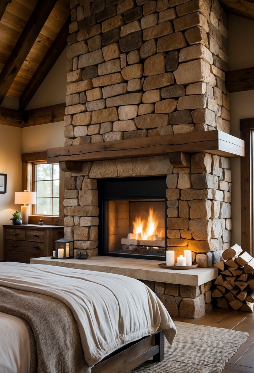 Stone Fireplace Bedroom Ideas: Stylish Designs for a Cozy Retreat 7 A bedroom with a large stone fireplace, a bed, and wooden furniture creating a warm and inviting atmosphere.