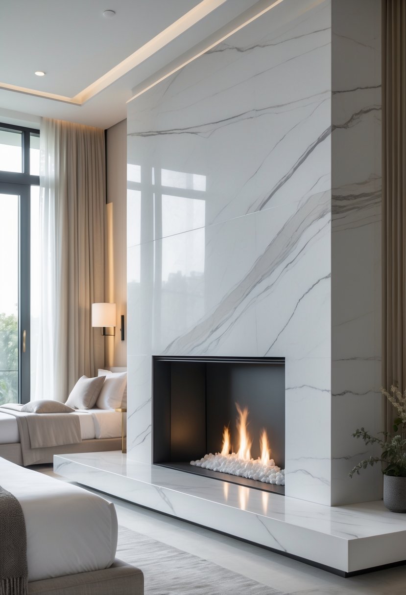 Stone Fireplace Bedroom Ideas: Stylish Designs for a Cozy Retreat 8 A bedroom with a smooth marble stone fireplace and a neatly made bed.