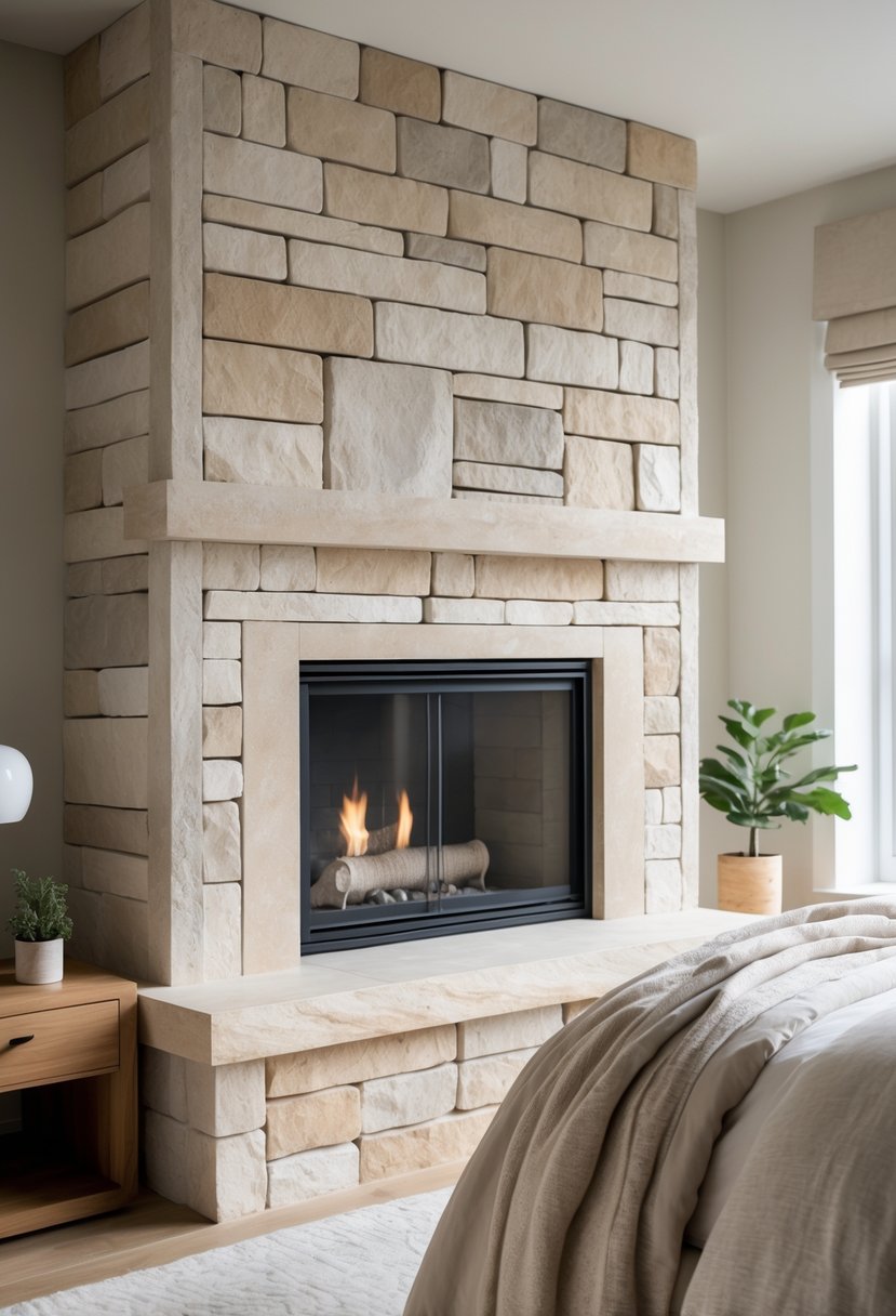 Stone Fireplace Bedroom Ideas: Stylish Designs for a Cozy Retreat 9 A bedroom with a neutral-toned stone fireplace and a bed with light-colored linens.