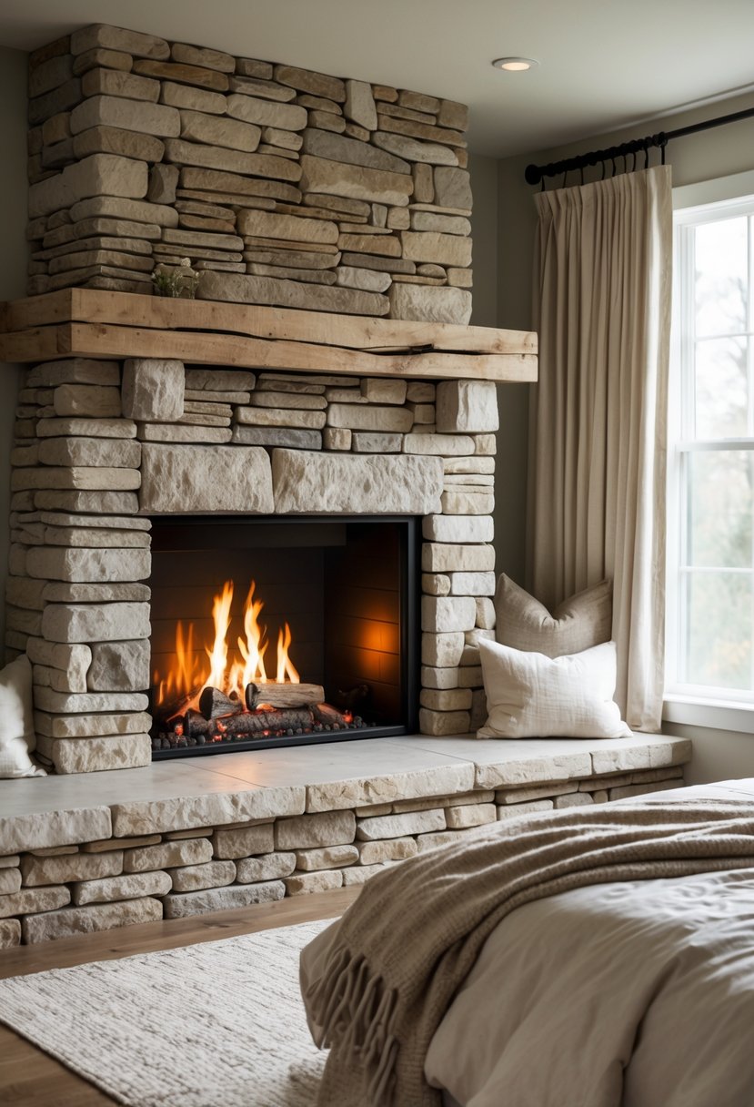 Stone Fireplace Bedroom Ideas: Stylish Designs for a Cozy Retreat 11 A bedroom with a built-in stone fireplace and cozy seating around the hearth.