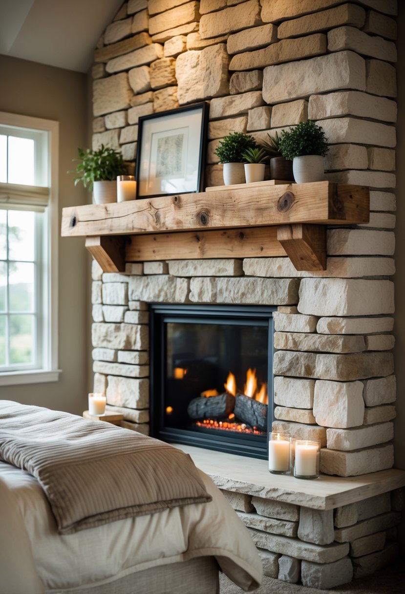 Stone Fireplace Bedroom Ideas: Stylish Designs for a Cozy Retreat 12 A bedroom with a stone fireplace and a mantel made from reclaimed wood, featuring a neatly made bed nearby.