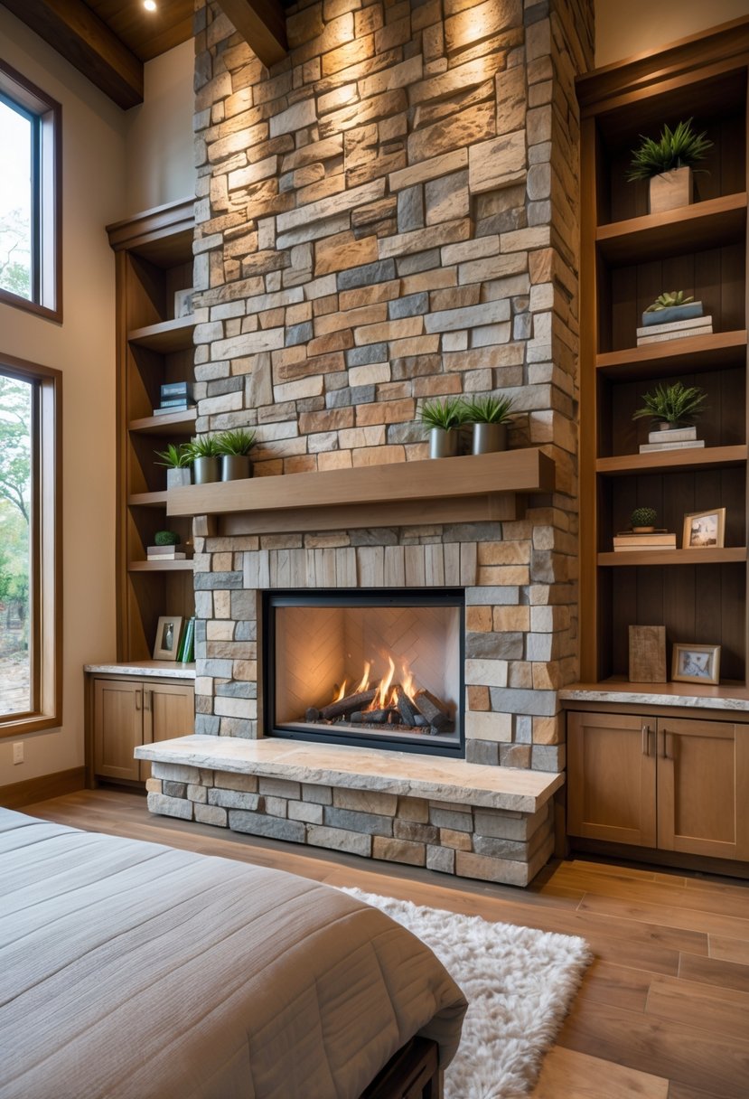 Stone Fireplace Bedroom Ideas: Stylish Designs for a Cozy Retreat 13 A bedroom with a large stone fireplace and built-in wooden shelves filled with books and decorations.