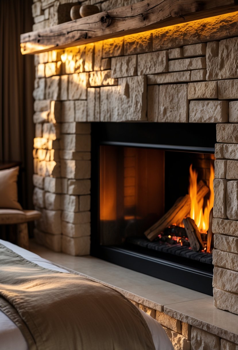 Stone Fireplace Bedroom Ideas: Stylish Designs for a Cozy Retreat 14 A bedroom with a stone fireplace softly lit by ambient lighting.