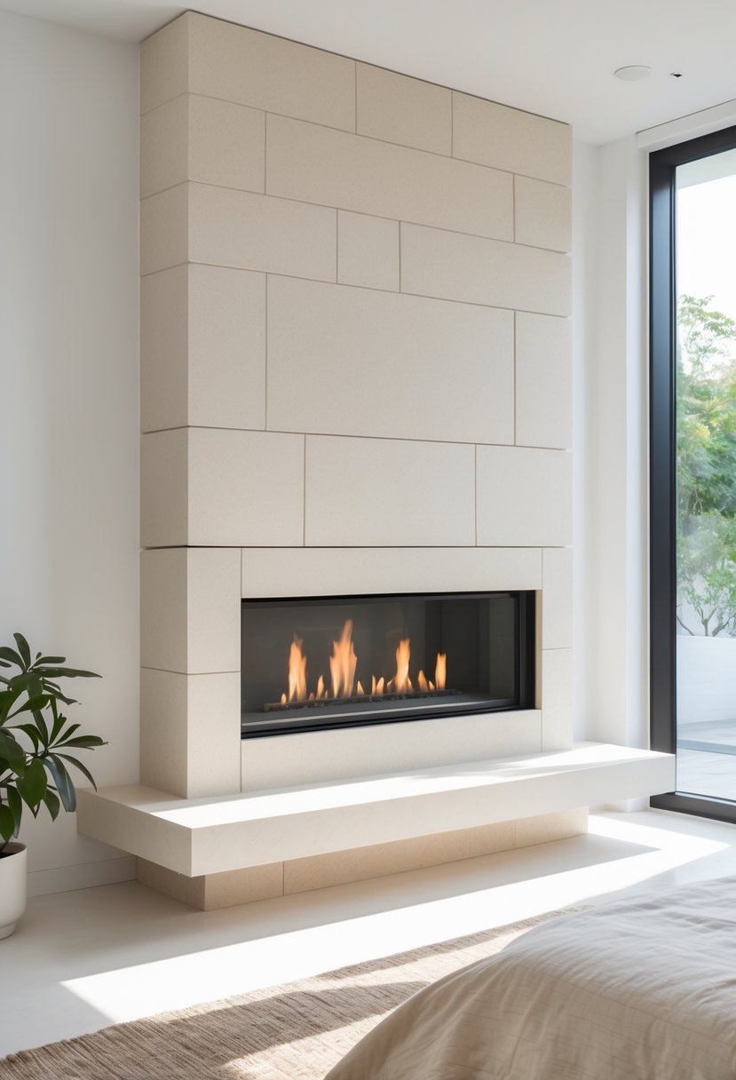 Stone Fireplace Bedroom Ideas: Stylish Designs for a Cozy Retreat 15 A bedroom with a stone fireplace, a bed with light bedding, and a small plant on a nightstand.