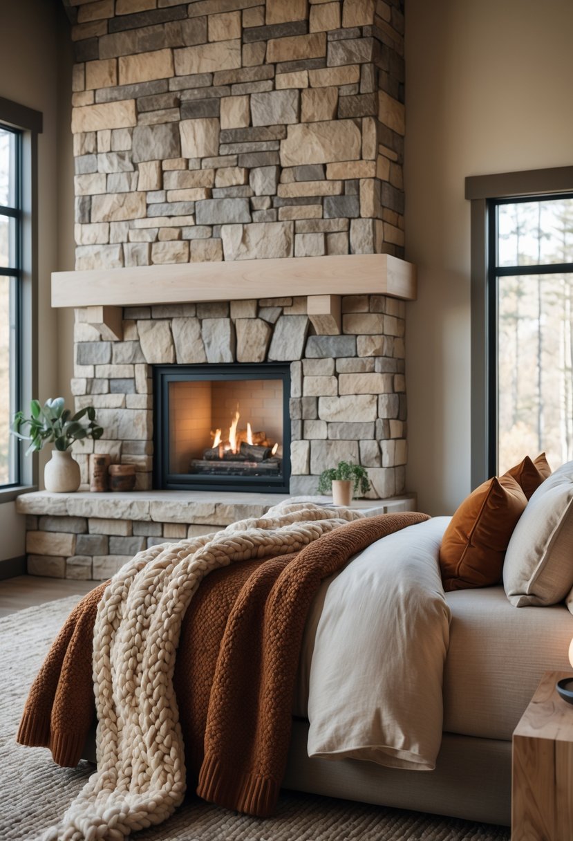 Stone Fireplace Bedroom Ideas: Stylish Designs for a Cozy Retreat 16 A bedroom with a stone fireplace and a bed covered in warm, layered blankets and pillows.