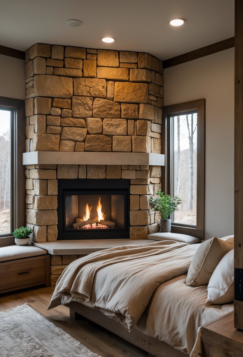 Stone Fireplace Bedroom Ideas: Stylish Designs for a Cozy Retreat 17 A bedroom with a corner stone fireplace, a bed, and natural light coming through windows.
