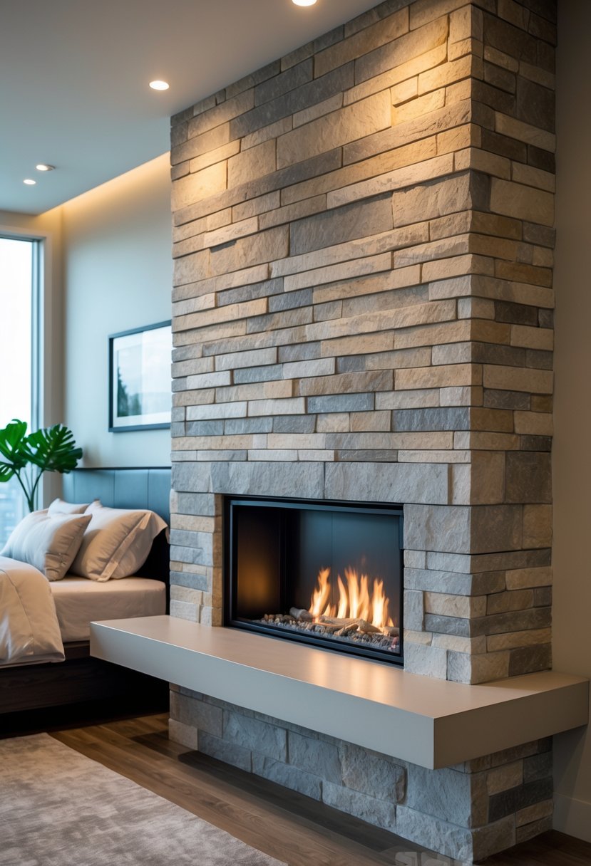 Stone Fireplace Bedroom Ideas: Stylish Designs for a Cozy Retreat 18 A bedroom with a stone fireplace featuring a floating hearth and a neatly made bed nearby.