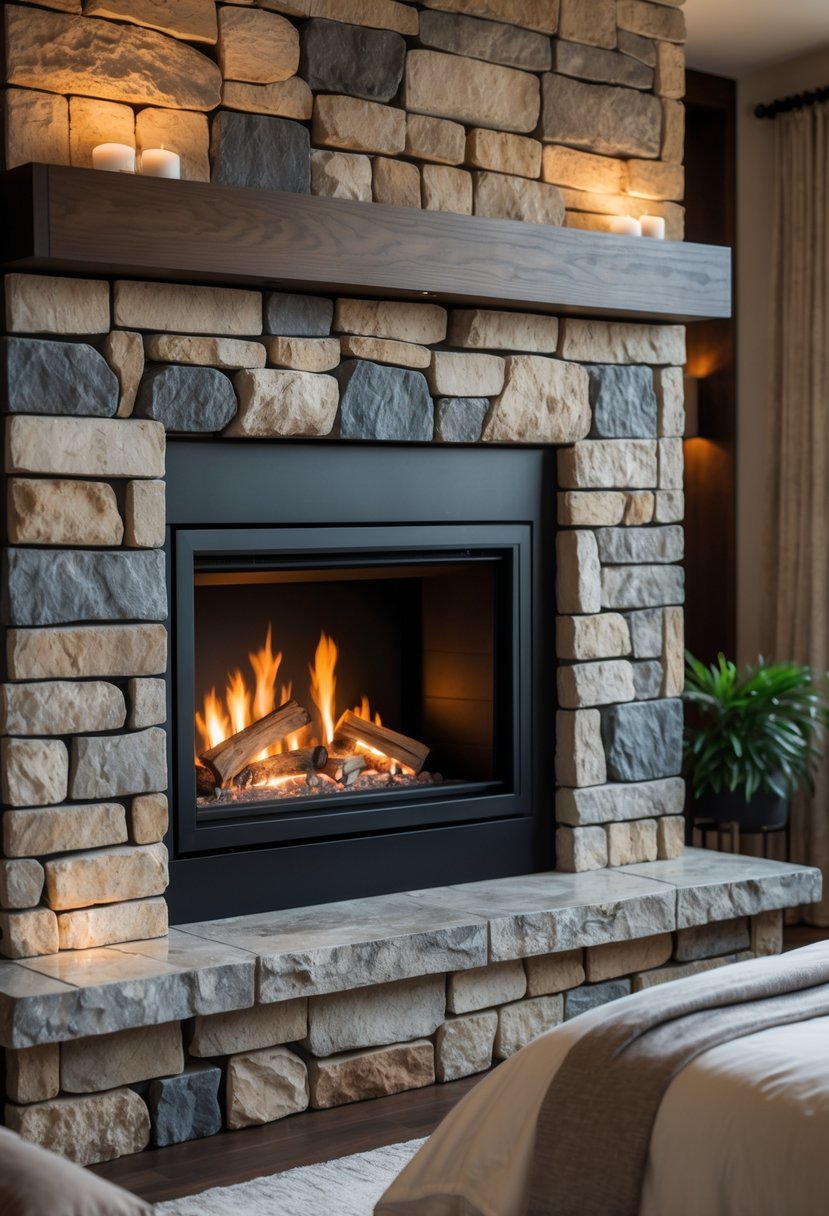 Stone Fireplace Bedroom Ideas: Stylish Designs for a Cozy Retreat 20 A bedroom with a stone fireplace featuring a black metal insert next to a neatly made bed.