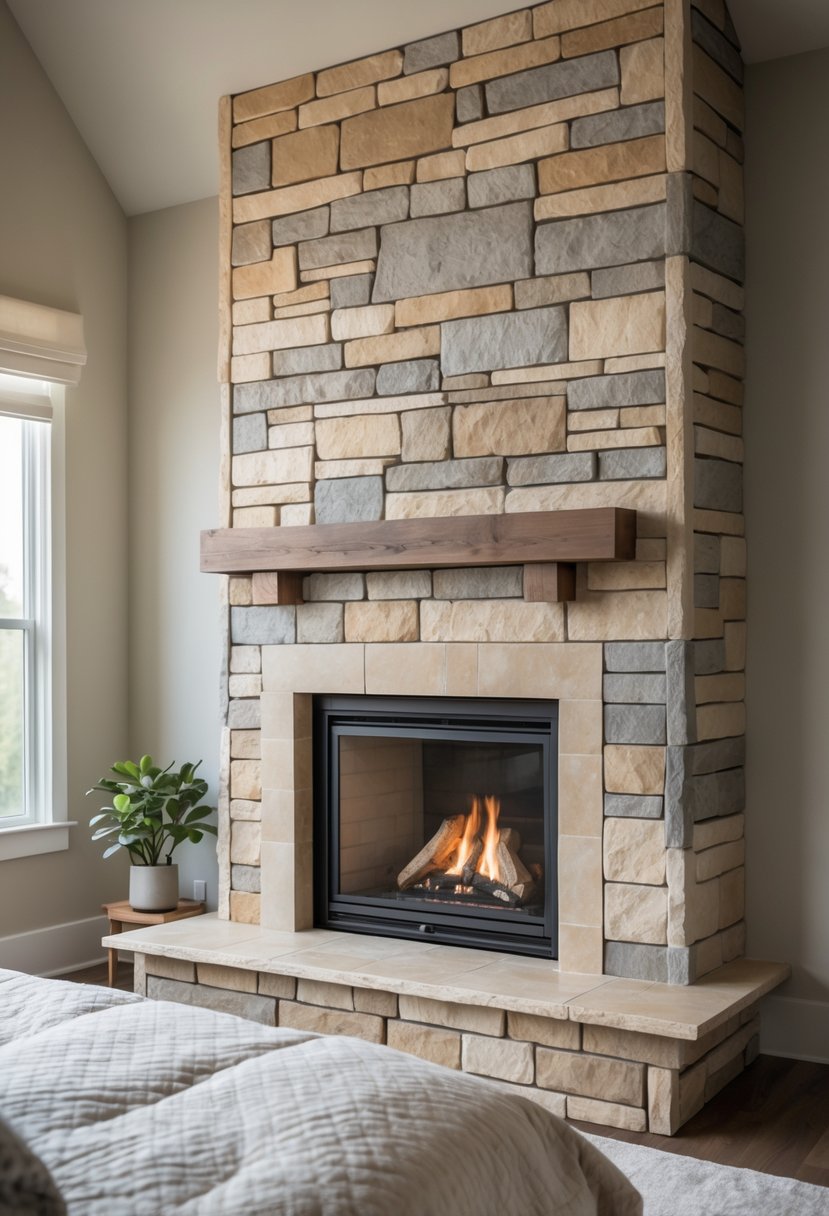 Stone Fireplace Bedroom Ideas: Stylish Designs for a Cozy Retreat 21 A bedroom with a stone fireplace surrounded by walls painted in soft, neutral colors.