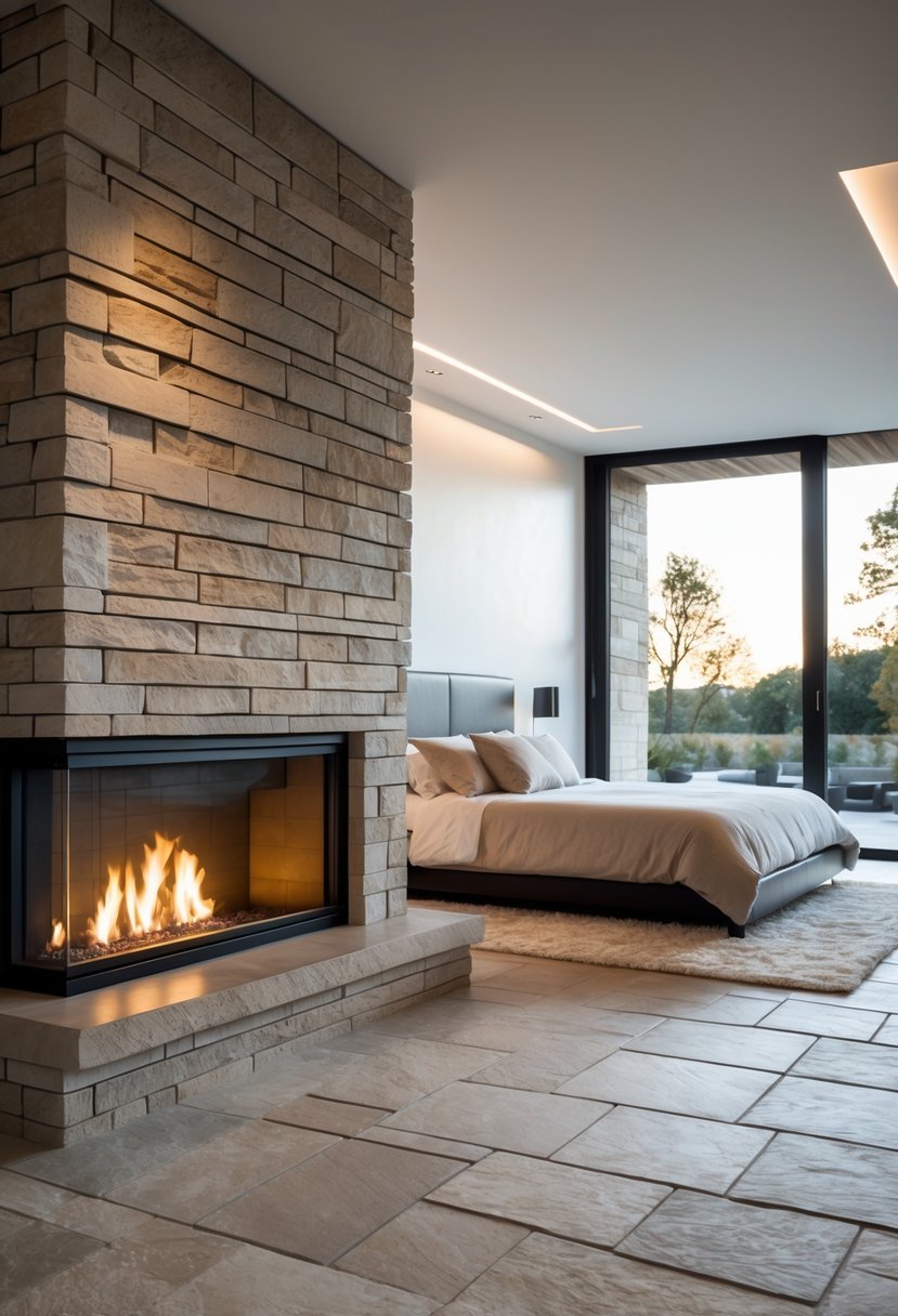 Stone Fireplace Bedroom Ideas: Stylish Designs for a Cozy Retreat 22 A bedroom with large stone tiles and a stone fireplace, featuring a made bed and natural light coming through windows.