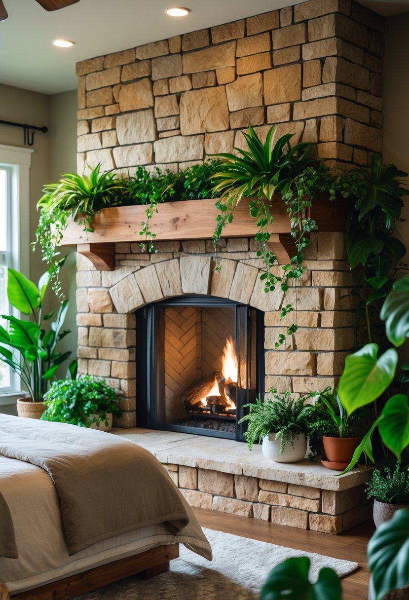 Stone Fireplace Bedroom Ideas: Stylish Designs for a Cozy Retreat 23 Bedroom with a large stone fireplace decorated with green plants and surrounded by additional greenery.
