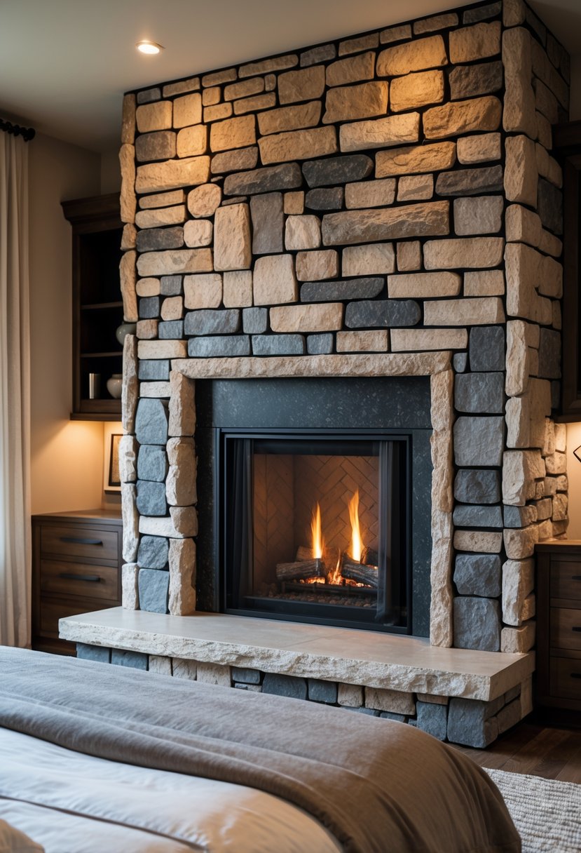 Stone Fireplace Bedroom Ideas: Stylish Designs for a Cozy Retreat 25 A bedroom with a large stone fireplace featuring dark grout that highlights the stone pattern.