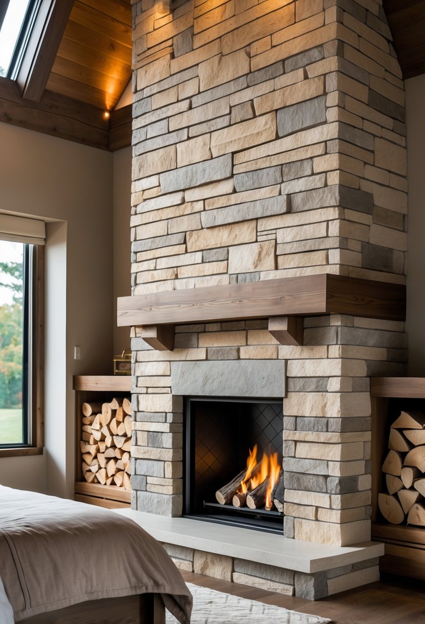 Stone Fireplace Bedroom Ideas: Stylish Designs for a Cozy Retreat 26 A bedroom with a stone fireplace and a built-in wood storage nook filled with firewood.