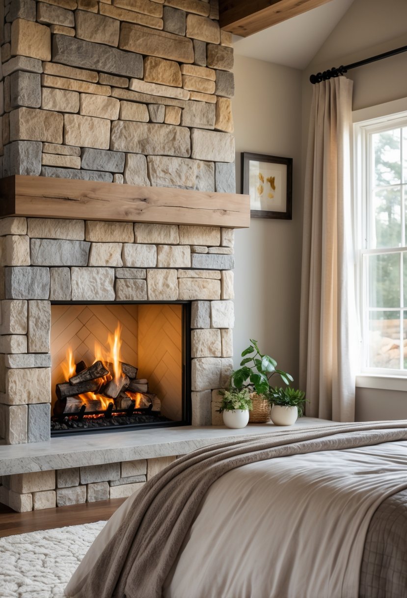 Stone Fireplace Bedroom Ideas: Stylish Designs for a Cozy Retreat 27 A bedroom with a large stone fireplace, a bed with neutral bedding, natural light from a window, and simple decorative elements.