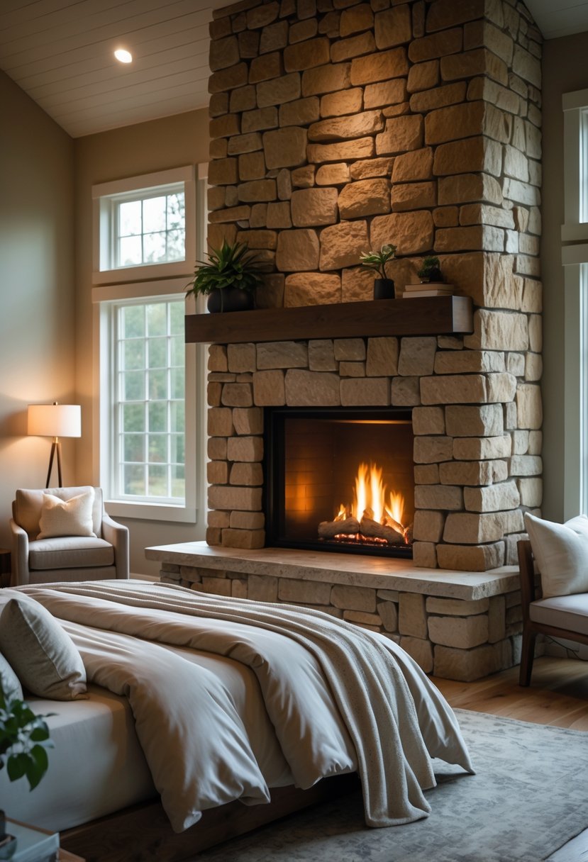 Stone Fireplace Bedroom Ideas: Stylish Designs for a Cozy Retreat 28 A bedroom with a stone fireplace, a made bed, an armchair, and warm lighting creating a cozy atmosphere.