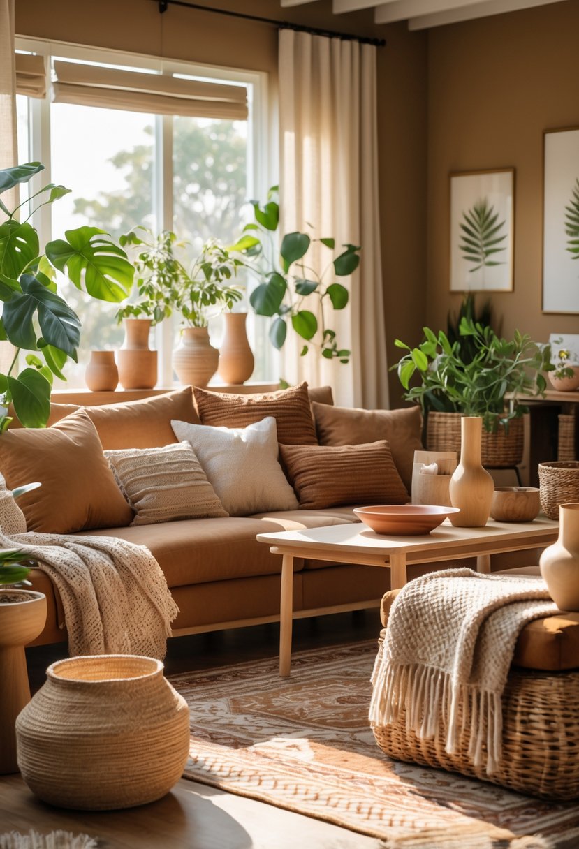 Earth-Tone Home Decor: 22 Stylish Ideas for a Warm and Natural Look 2 A warm living room with earth-tone furniture, plants, and natural decor elements.