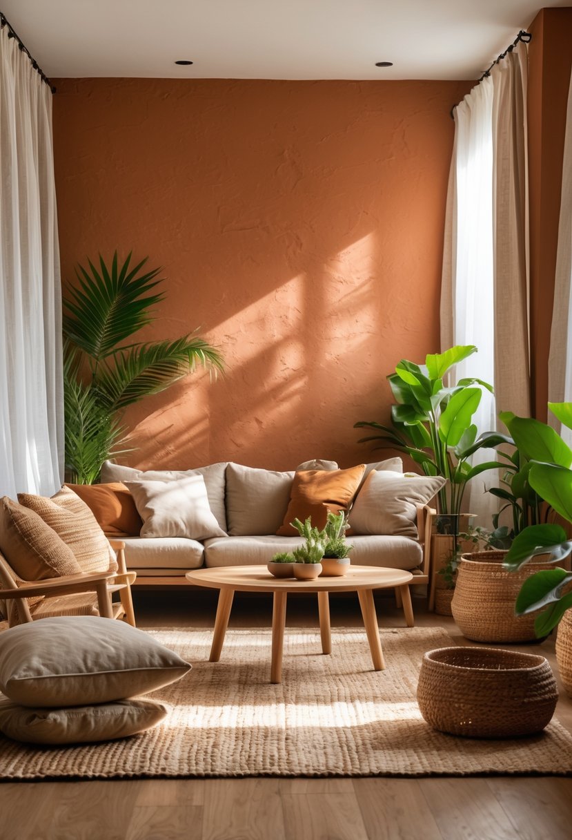Earth-Tone Home Decor: 22 Stylish Ideas for a Warm and Natural Look 3 A cozy living room with a terracotta painted wall, wooden furniture, cushions, plants, and soft natural light.