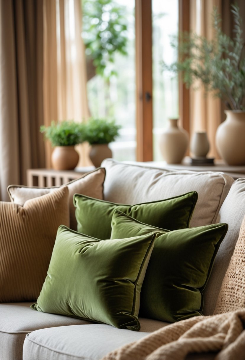 Earth-Tone Home Decor: 22 Stylish Ideas for a Warm and Natural Look 4 A living room with olive green velvet cushions on a beige sofa surrounded by earth-tone decor and natural light.