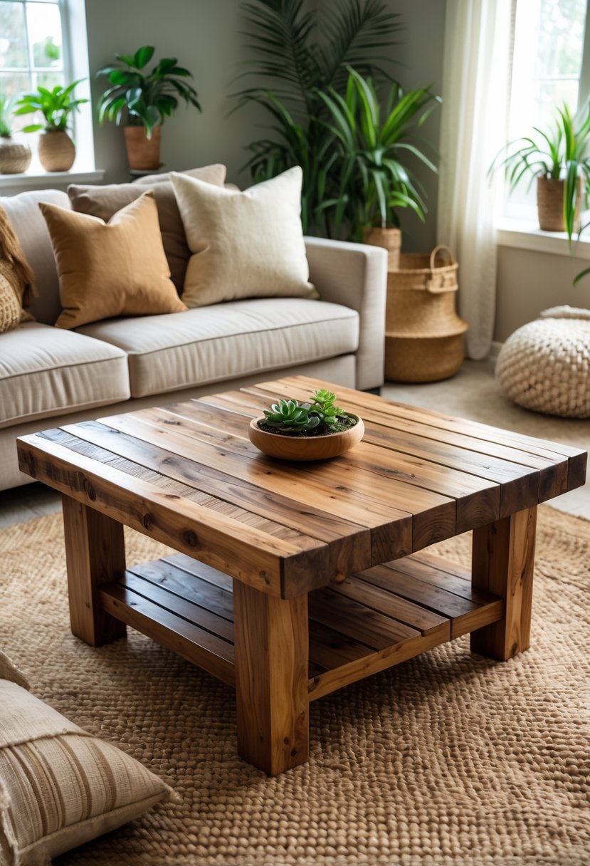 Earth-Tone Home Decor: 22 Stylish Ideas for a Warm and Natural Look 5 A reclaimed wood coffee table in a living room with earth-tone decor, plants, and soft natural lighting.