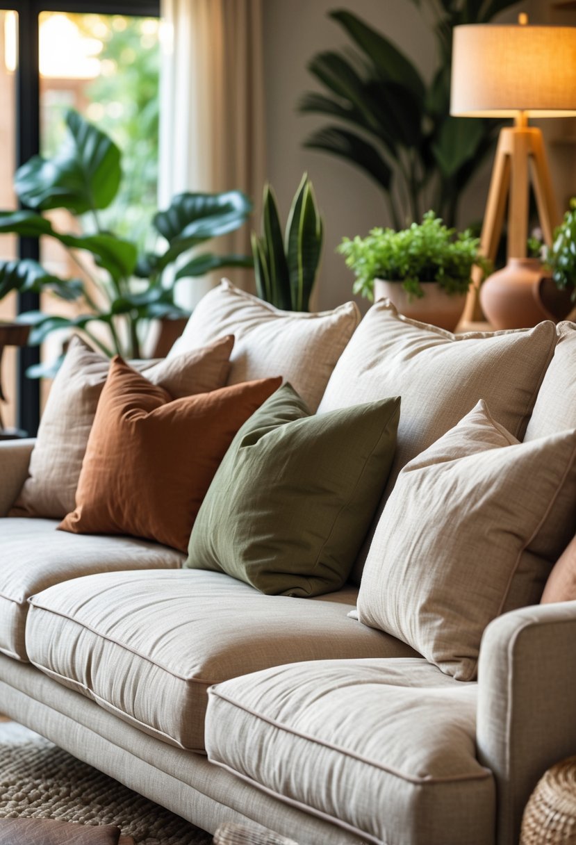 Earth-Tone Home Decor: 22 Stylish Ideas for a Warm and Natural Look 6 A beige linen sofa in a living room with earth-tone decor, surrounded by plants and a wooden coffee table.