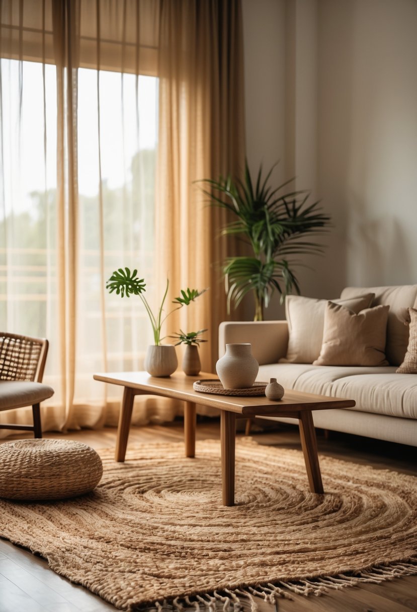 Earth-Tone Home Decor: 22 Stylish Ideas for a Warm and Natural Look 7 A living room with a textured jute area rug on the wooden floor, beige sofa, wooden coffee table, and natural light coming through curtains.