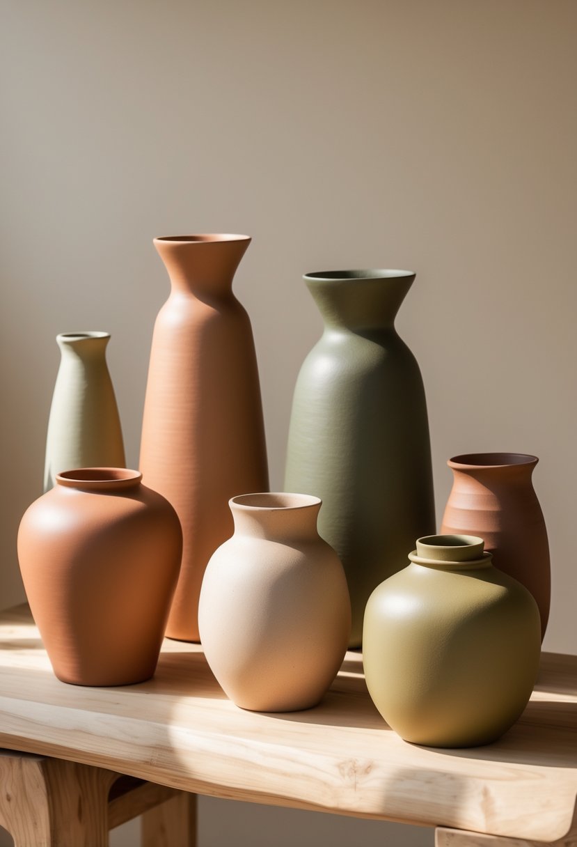 Earth-Tone Home Decor: 22 Stylish Ideas for a Warm and Natural Look 8 A collection of ceramic vases in earthy tones arranged on a wooden surface with a neutral background.