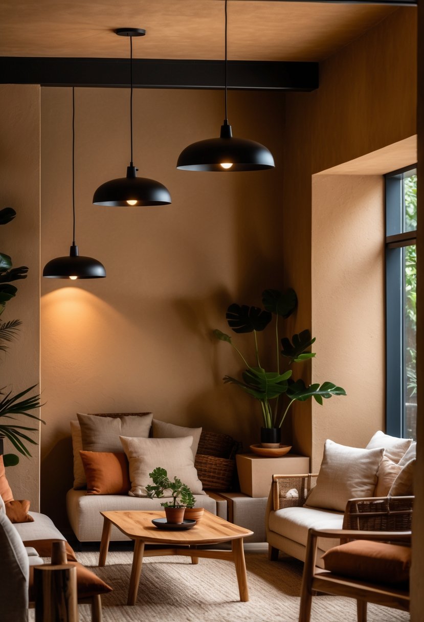 Earth-Tone Home Decor: 22 Stylish Ideas for a Warm and Natural Look 9 A living room with matte black iron light fixtures hanging from the ceiling above a seating area with earth-tone decor and natural wood furniture.