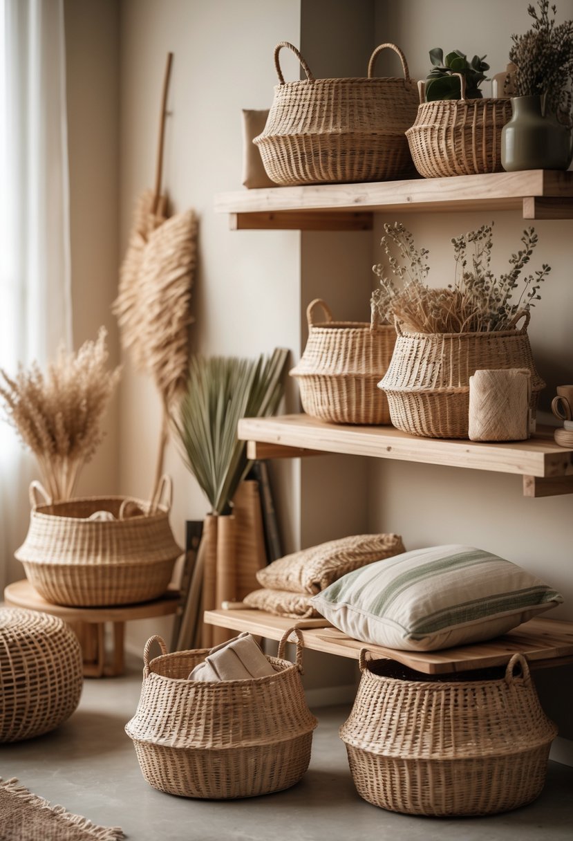 Earth-Tone Home Decor: 22 Stylish Ideas for a Warm and Natural Look 10 A room with woven rattan baskets placed on shelves and the floor, filled with blankets and dried plants, surrounded by earth-tone furniture and decor.