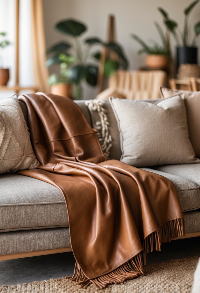 Earth-Tone Home Decor: 22 Stylish Ideas for a Warm and Natural Look 11 A living room corner with brown leather throws layered over an earth-tone sofa surrounded by neutral cushions and wooden furniture.