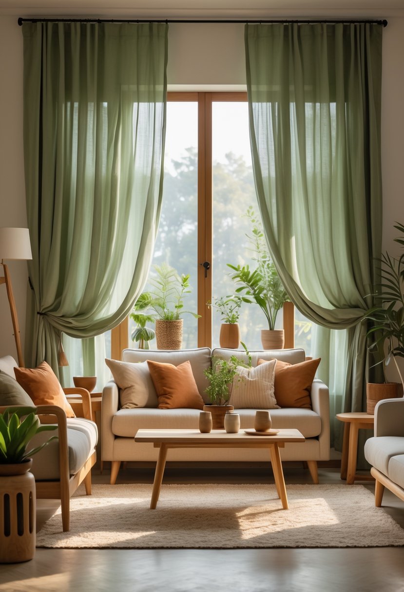 Earth-Tone Home Decor: 22 Stylish Ideas for a Warm and Natural Look 12 A living room with soft moss green curtains, wooden furniture, and earth-tone decor illuminated by natural light.