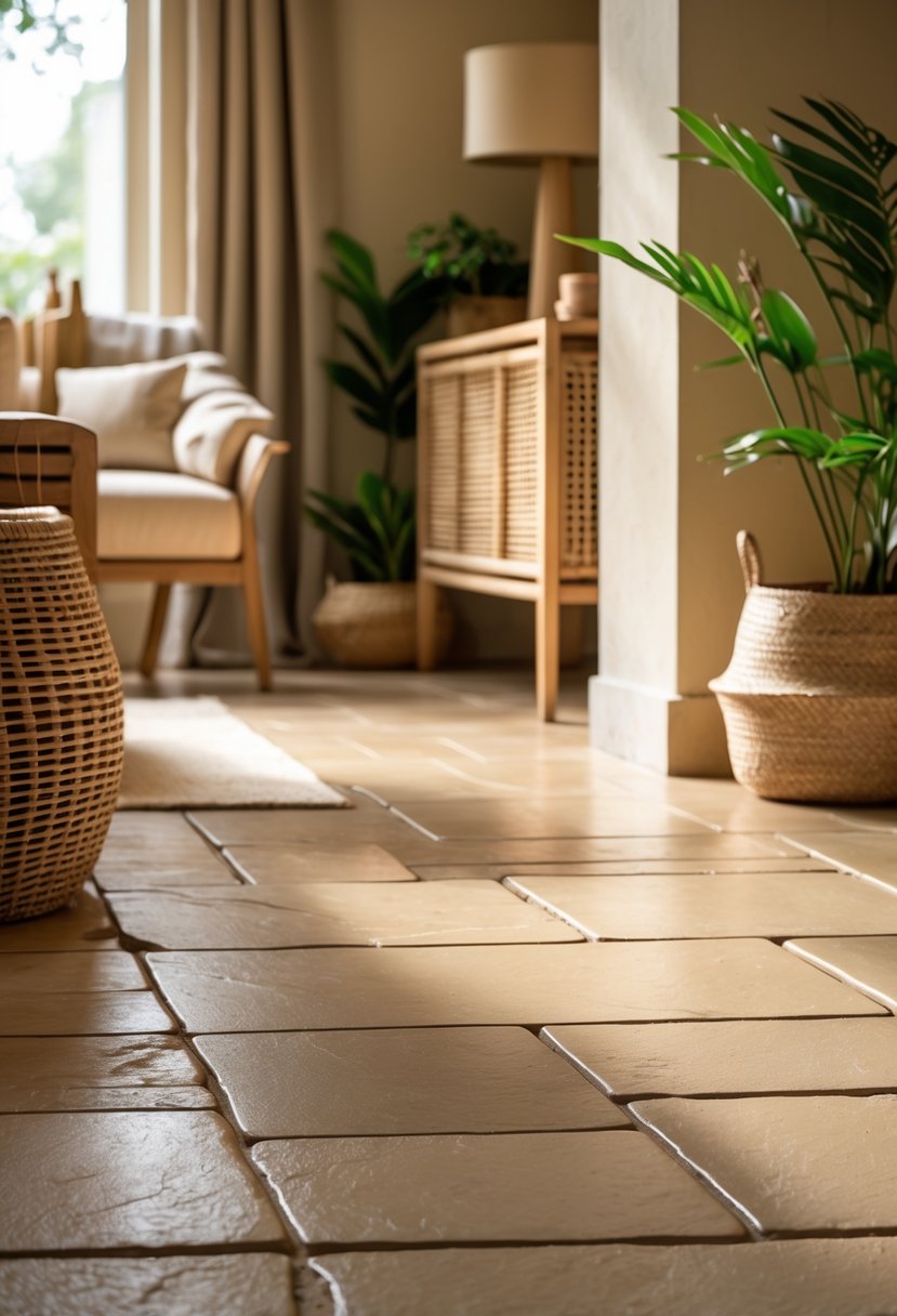 Earth-Tone Home Decor: 22 Stylish Ideas for a Warm and Natural Look 13 A cozy interior room with warm beige stone tile flooring and earth-tone home decor including neutral furniture and plants.