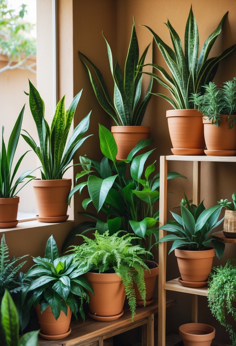 Earth-Tone Home Decor: 22 Stylish Ideas for a Warm and Natural Look 14 A cozy home interior with several green plants in terracotta pots arranged on wooden shelves and a side table.