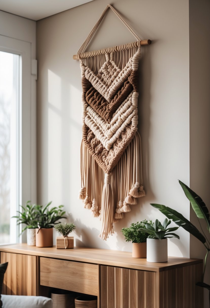Earth-Tone Home Decor: 22 Stylish Ideas for a Warm and Natural Look 15 A living room wall with a large macramé wall hanging above a wooden console table with plants and decor items.