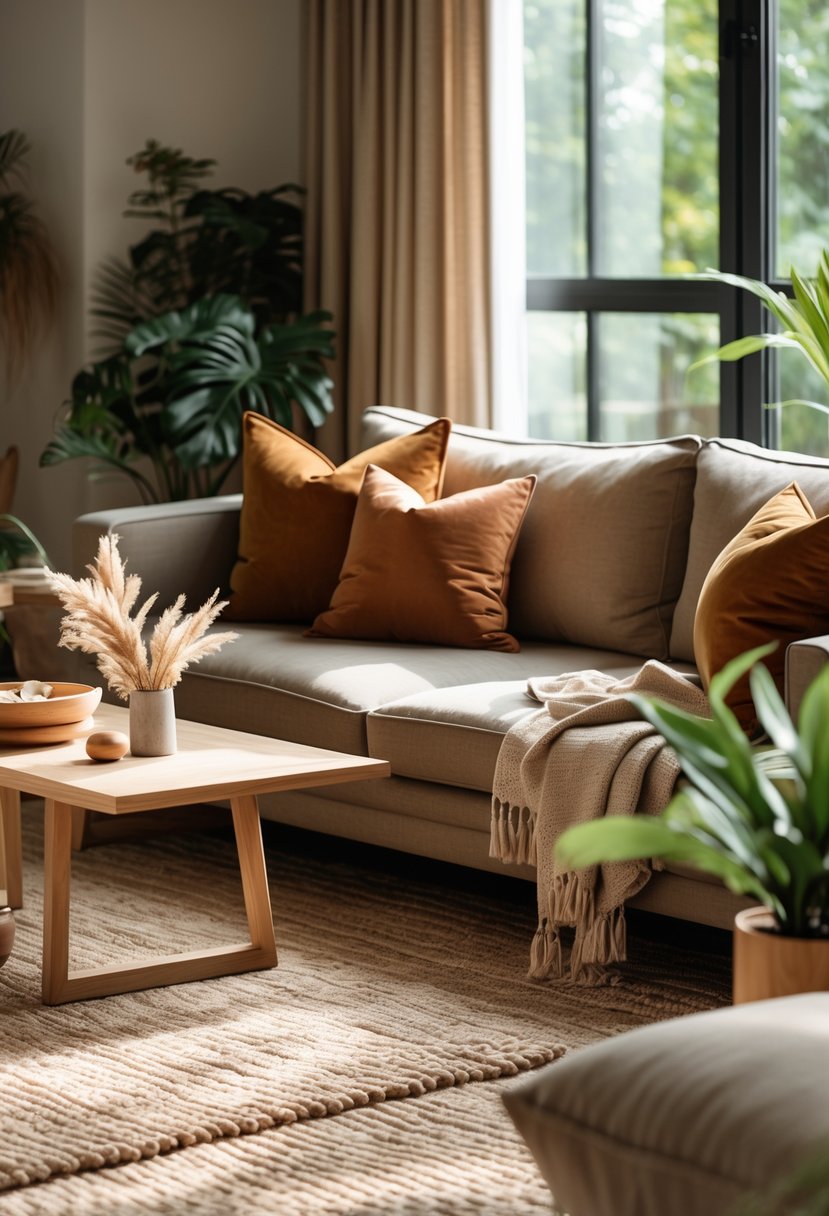 Earth-Tone Home Decor: 22 Stylish Ideas for a Warm and Natural Look 16 A living room with a sofa featuring burnt sienna accent pillows and earth-tone decor, including wooden furniture and plants.