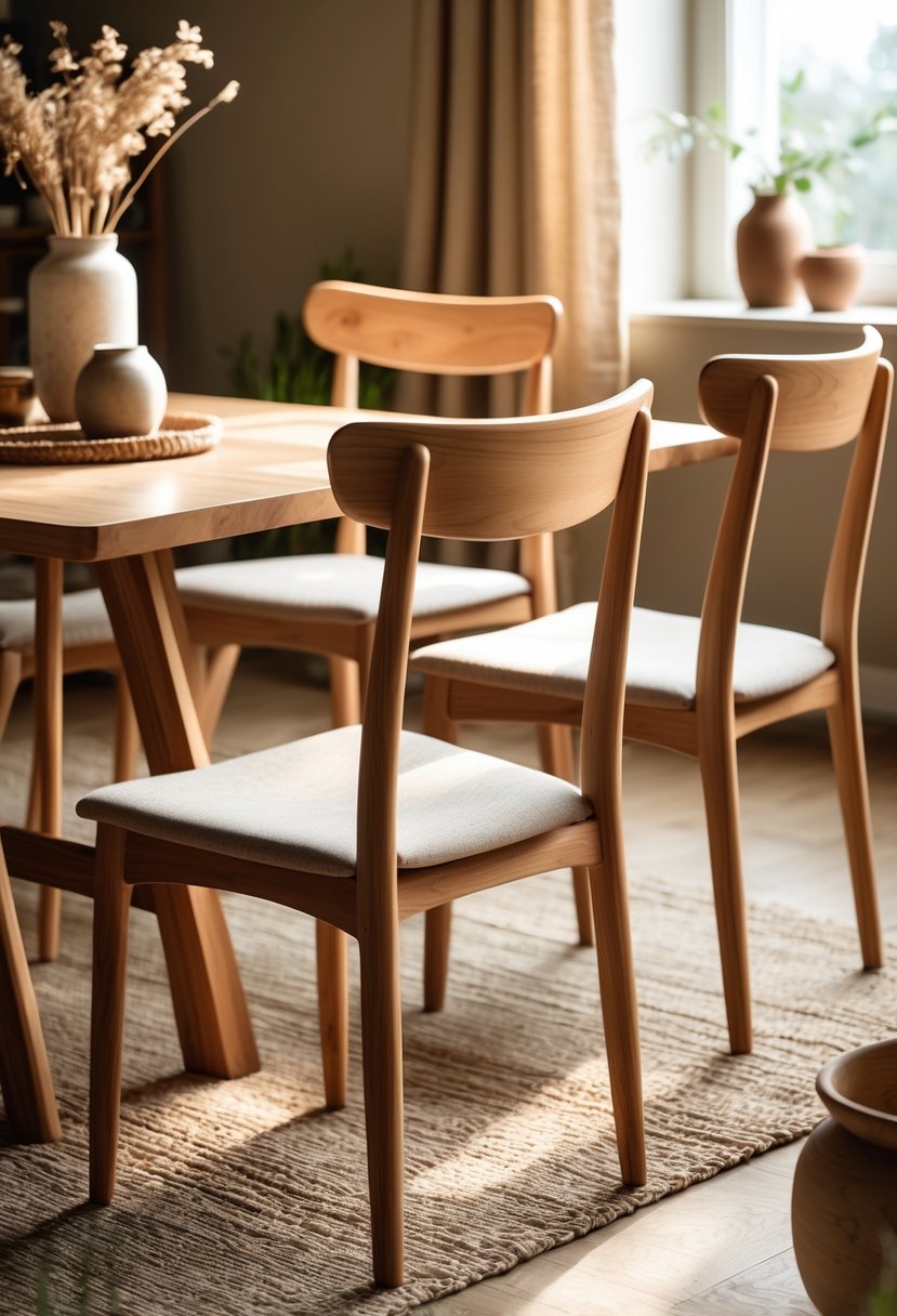 Earth-Tone Home Decor: 22 Stylish Ideas for a Warm and Natural Look 17 A set of natural wood dining chairs around a wooden dining table in a warmly lit room with earth-tone decor.