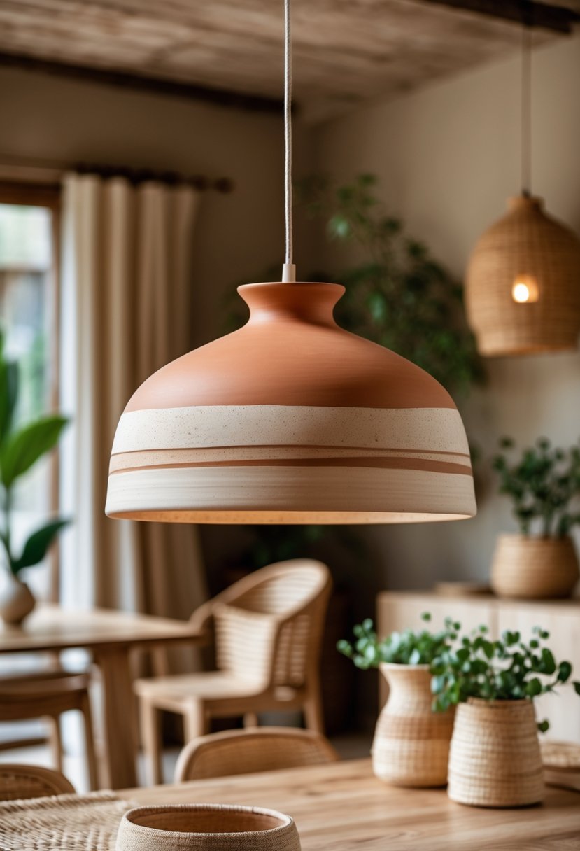 Earth-Tone Home Decor: 22 Stylish Ideas for a Warm and Natural Look 18 A clay pendant lamp hanging above a wooden dining table in a warm earth-tone room with plants and woven decor.