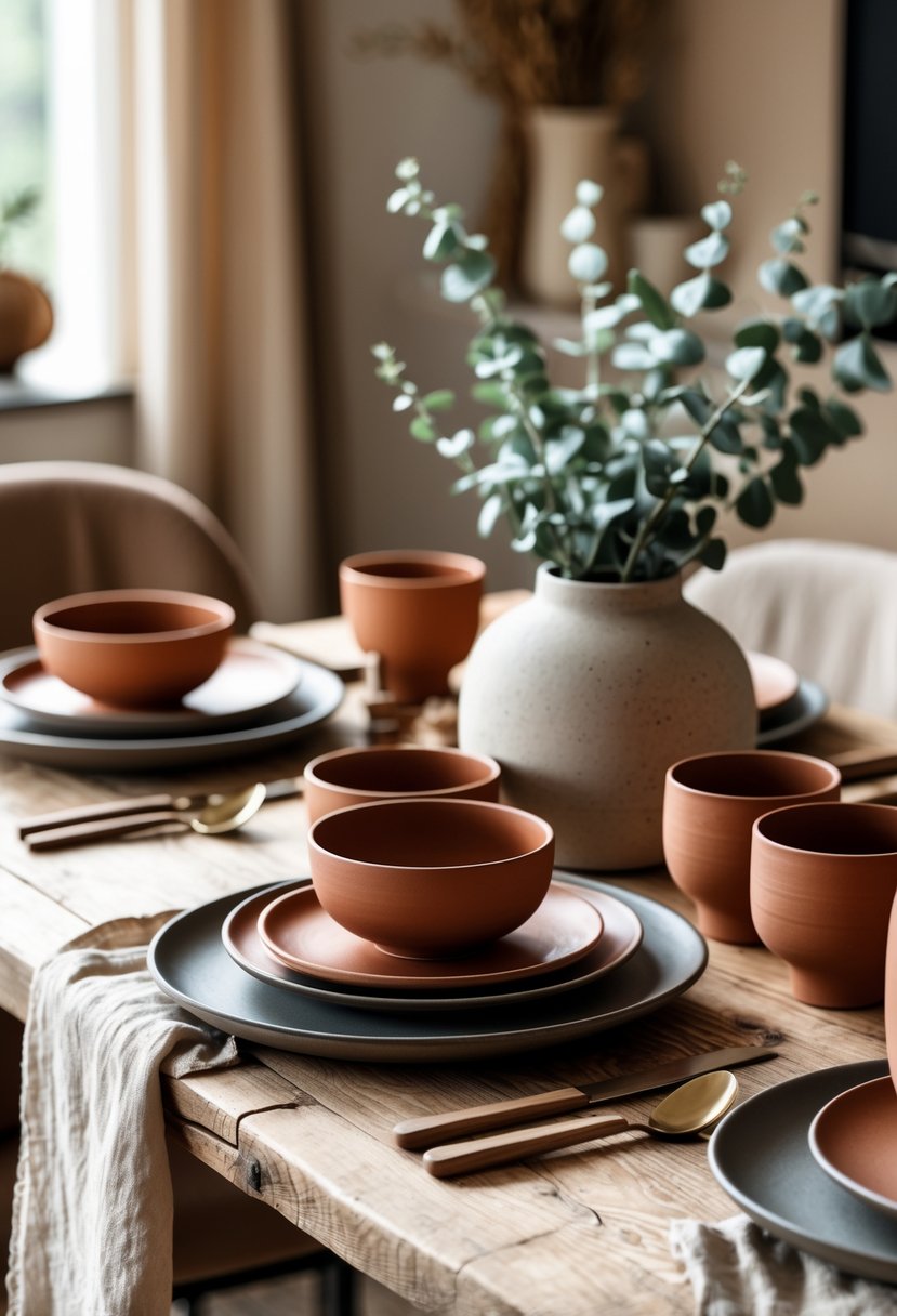 Earth-Tone Home Decor: 22 Stylish Ideas for a Warm and Natural Look 19 A dining table set with rust-colored ceramic plates and bowls, natural linen napkins, and greenery in a cozy home setting.