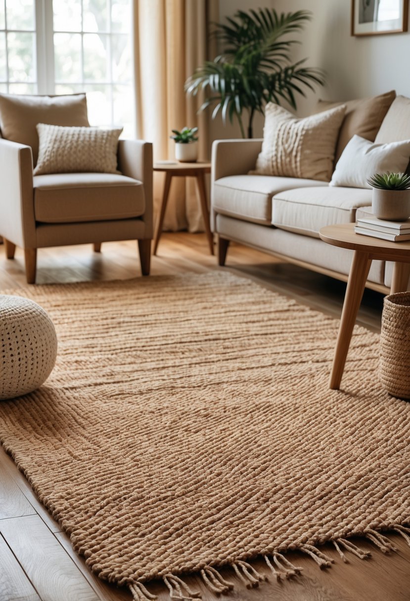 Earth-Tone Home Decor: 22 Stylish Ideas for a Warm and Natural Look 20 Living room with a sisal rug on the floor, a sofa, armchairs, a coffee table, and natural light coming through the windows.