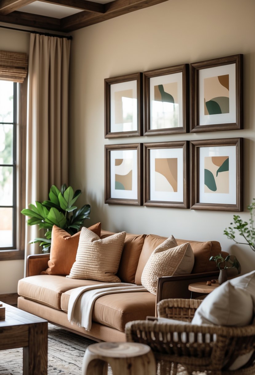 Earth-Tone Home Decor: 22 Stylish Ideas for a Warm and Natural Look 21 A living room with dark walnut picture frames on the wall and earth-tone home decor including warm beige and brown colors.