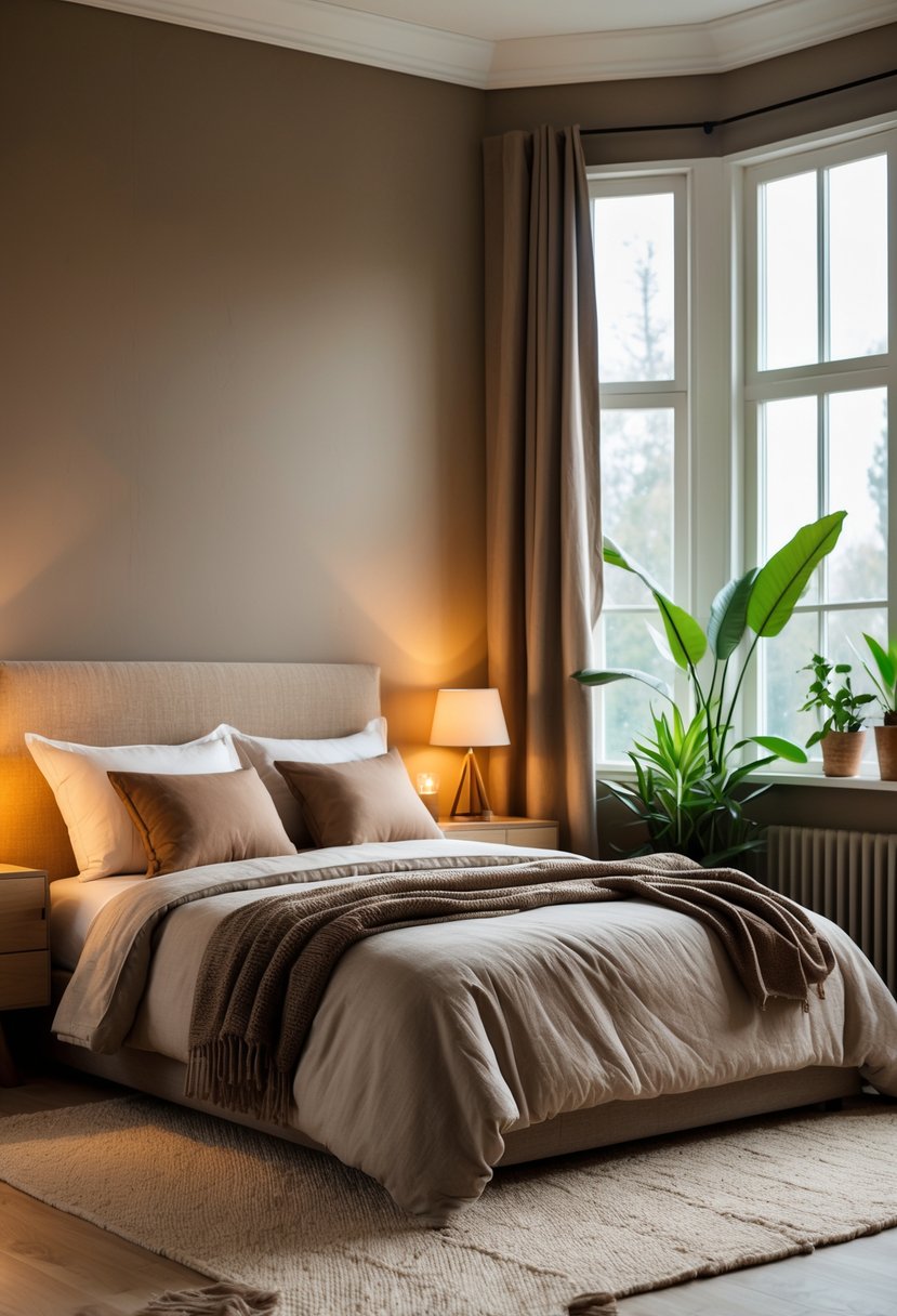 Earth-Tone Home Decor: 22 Stylish Ideas for a Warm and Natural Look 22 A bedroom with warm taupe walls, a neatly made bed with earth-tone bedding, wooden nightstands with lamps, and natural light coming through large windows.