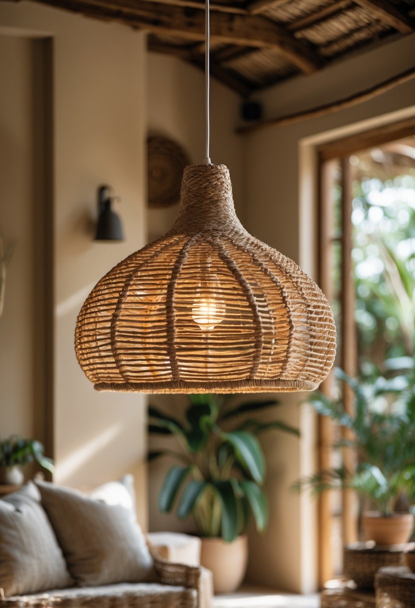 Earth-Tone Home Decor: 22 Stylish Ideas for a Warm and Natural Look 23 A woven seagrass pendant light hanging from the ceiling in a warmly lit room with earth-tone decor.