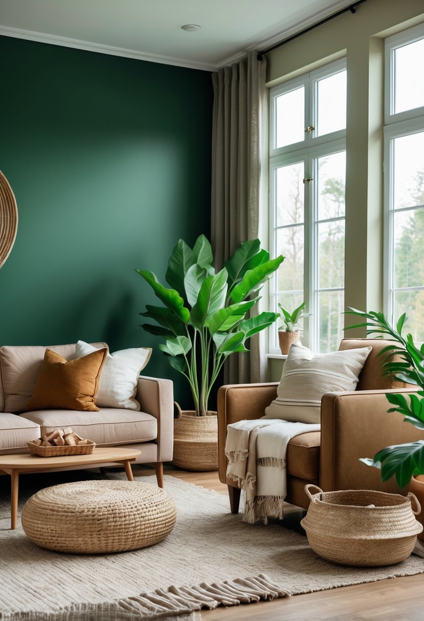 Earth-Tone Home Decor: 22 Stylish Ideas for a Warm and Natural Look 24 A living room with deep green accent walls, earth-toned furniture, plants, and natural wood accents.