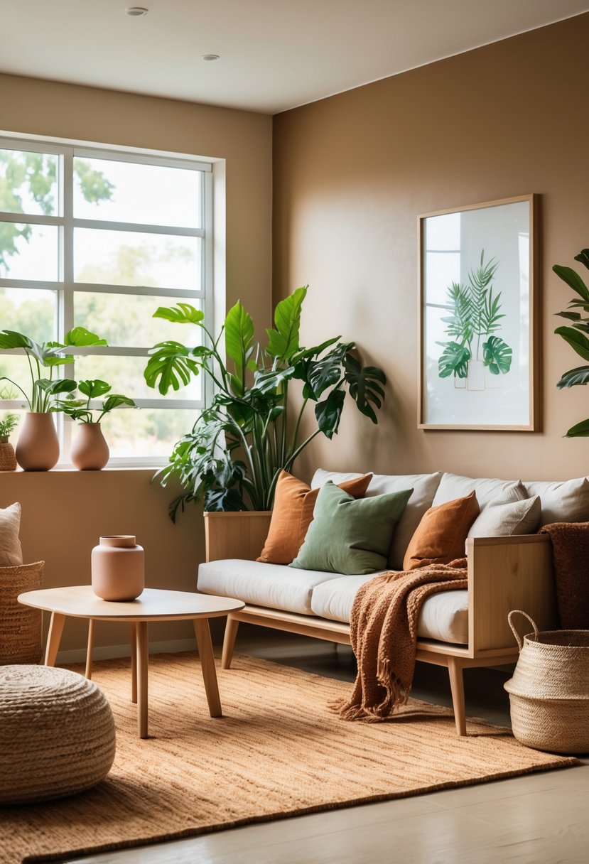 Earth-Tone Home Decor: 22 Stylish Ideas for a Warm and Natural Look 26 A modern living room with warm earth-toned walls, wooden furniture, green plants, and cozy cushions.