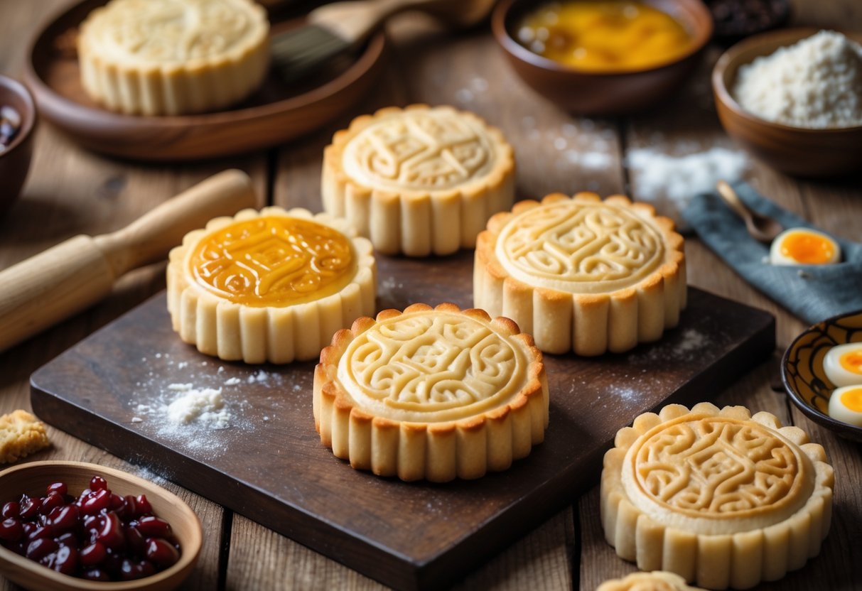 Close-up of several mooncakes on a wooden table with baking tools nearby, showing slight oiliness and imperfections.