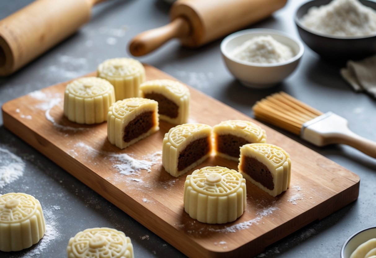 Hands filling mooncake molds on a wooden countertop with baking tools and mooncakes in progress in a kitchen.