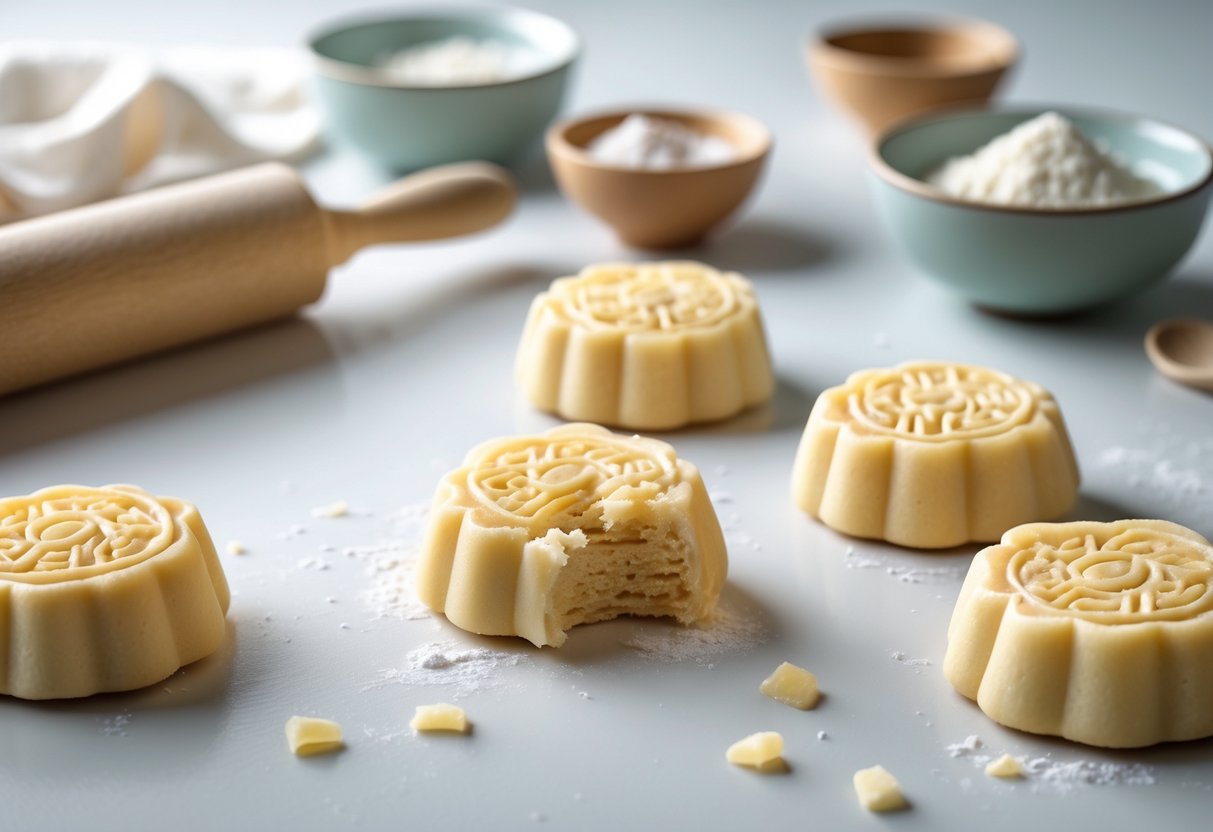 Close-up of uneven and slightly melting mooncakes on a light surface with baking tools nearby.